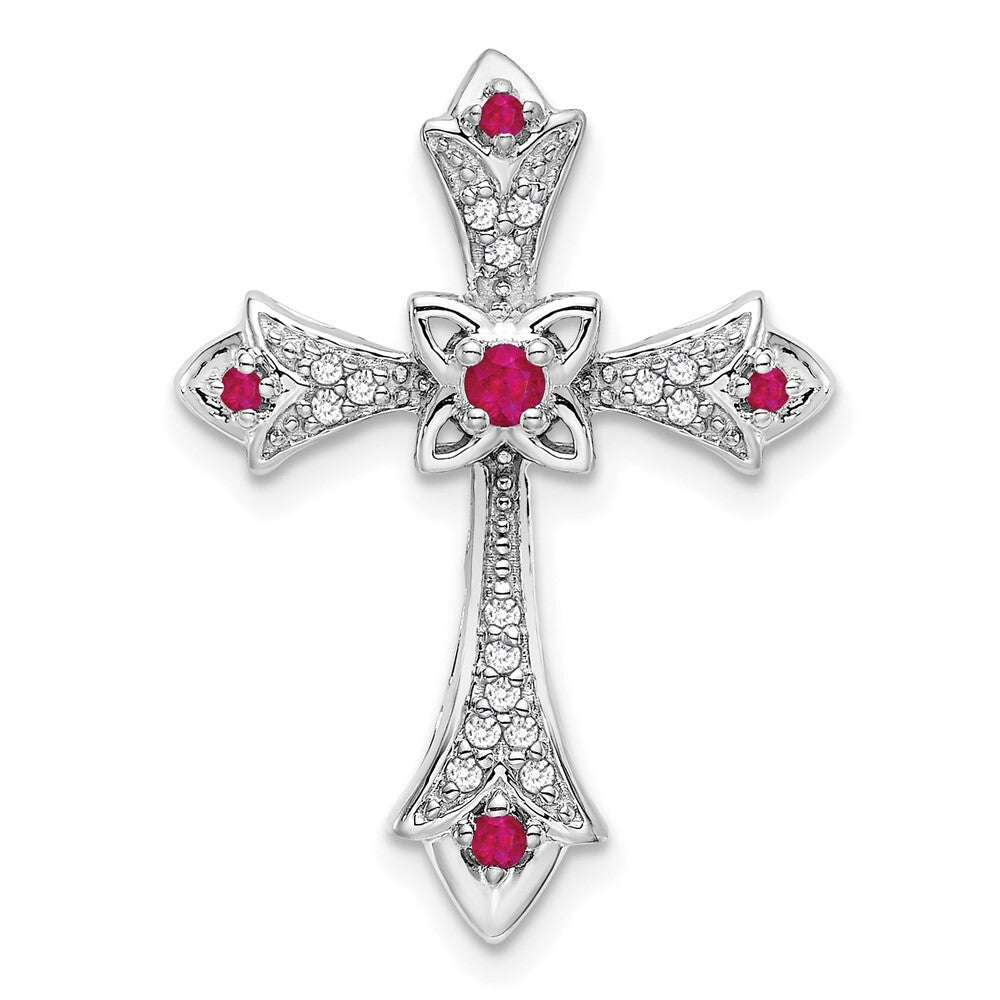 14k White Gold Ruby and Diamond Fleur de Lis Cross Chain Slide Pendant for Women