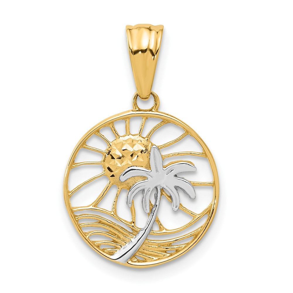 14k Yellow Gold with White Rhodium Ocean and Palm Tree Round Pendant
