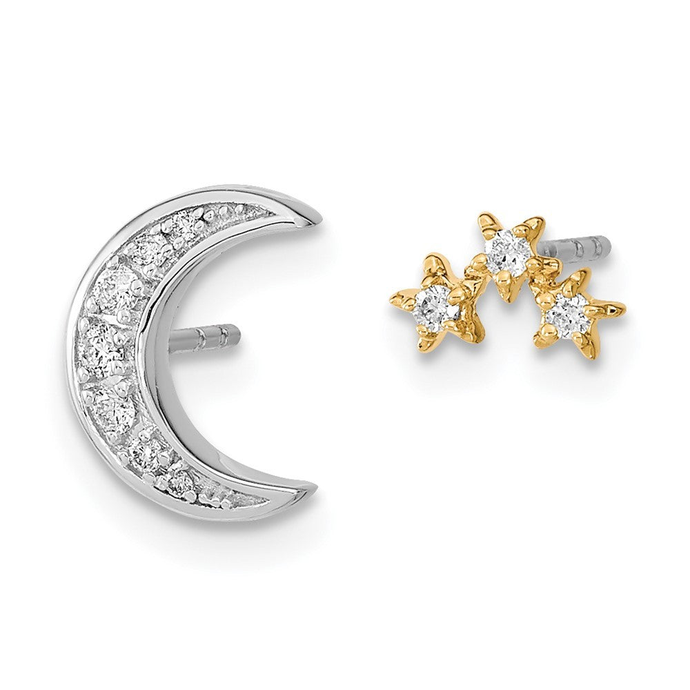 14k Two-tone Gold Moon and 3-Stars Diamond Mis-match Earrings