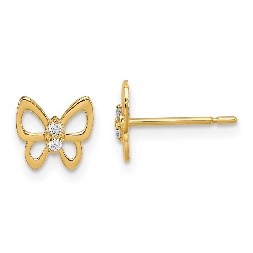 14k Yellow Gold Butterfly Cubic Zirconia Stud Earrings Gift for Women