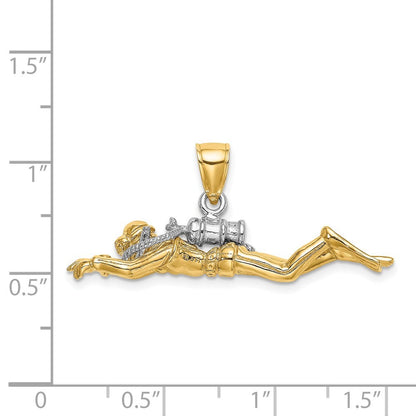 14k Yellow Gold w Rhodium 3-D Male Scuba Diver Charm