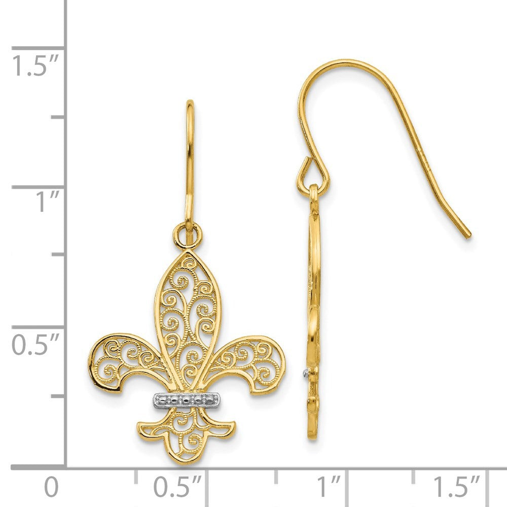 14k Yellow Gold & Rhodium Fleur de lis Drop Dangle Earrings w/ Shepherd Hook