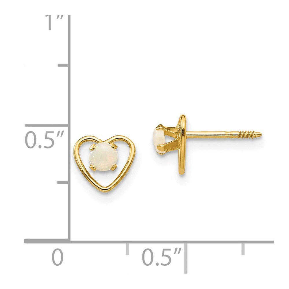 14k Yellow Gold 3mm Imitation Opal Birthstone Heart Stud Earrings