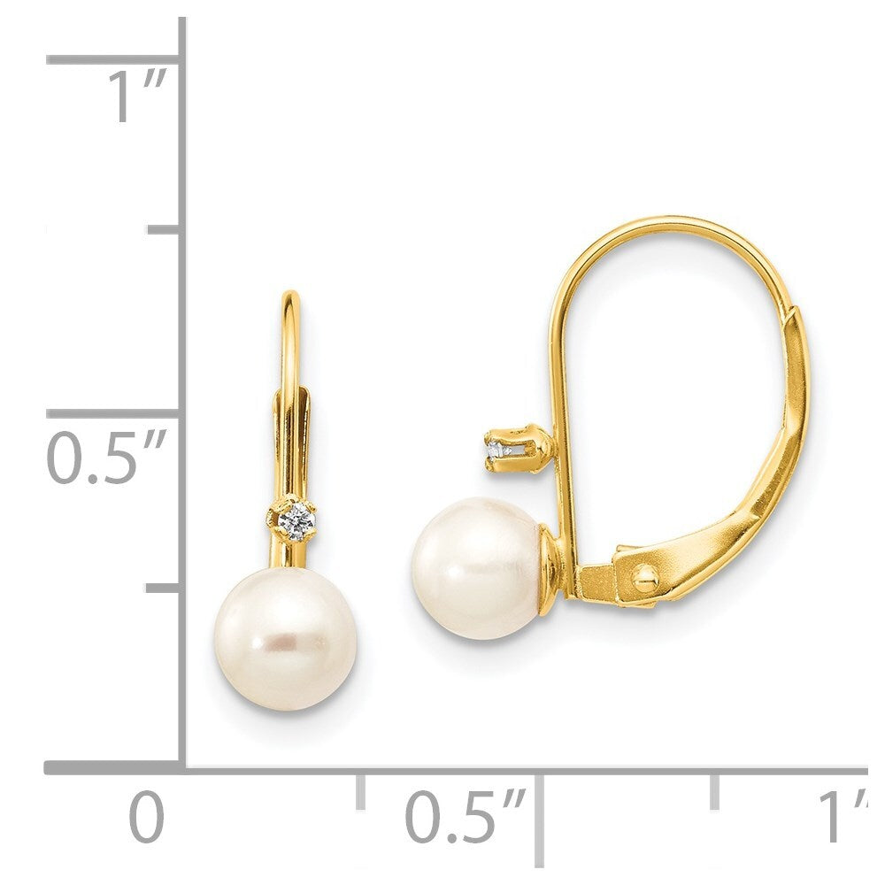 14k Yellow Gold 5-6mm Cultured Pearl & .02 Carat Diamond Leverback Earrings
