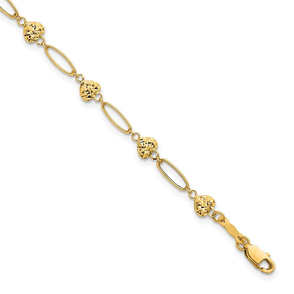 14k Yellow Gold Polished Oval Links with Diamond-cut Puffed Hearts 7.5" Bracelet