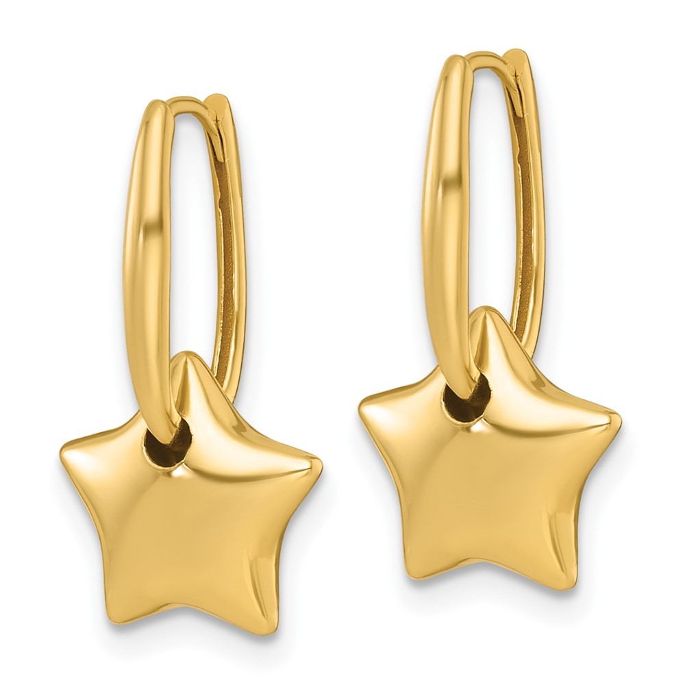 14k Yellow Gold Polished Dangle Puffed Star Hinged Hoop Earrings