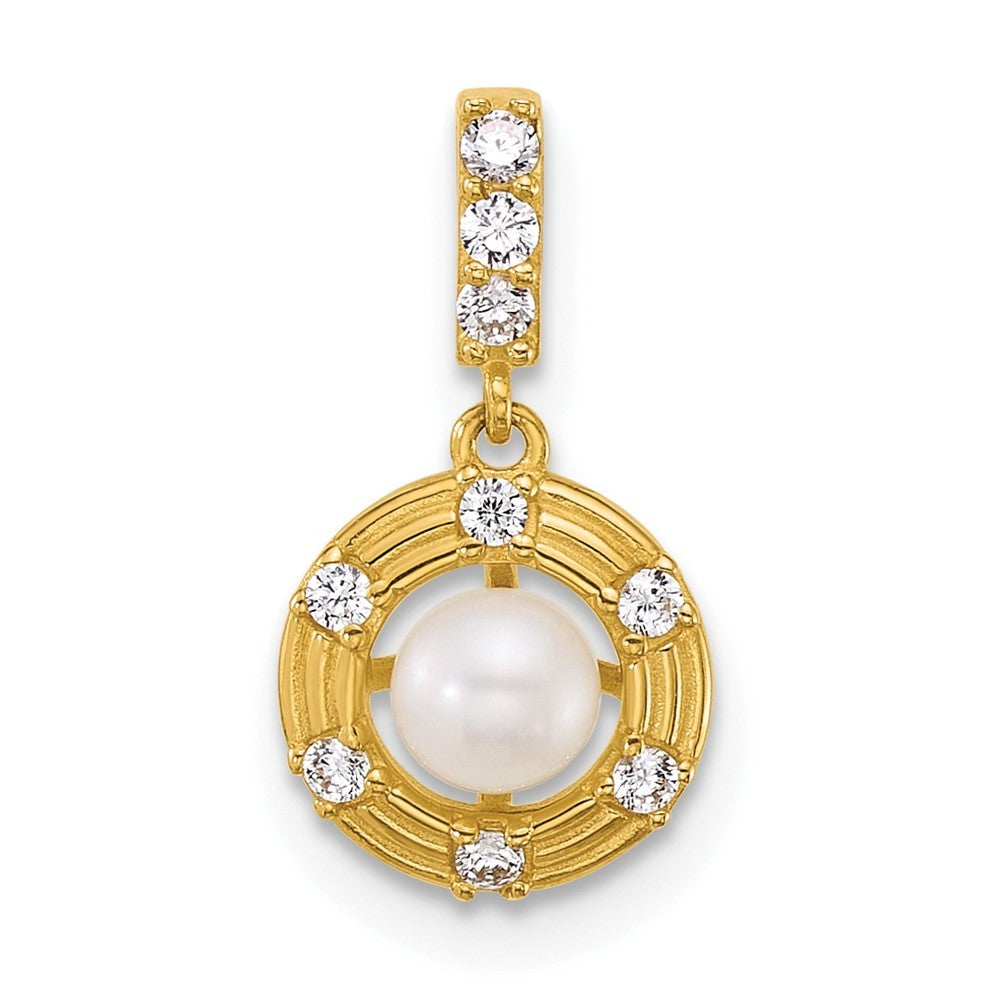 14k Yellow Gold and Grooved White Cultured Pearl and CZ Circle Pendant
