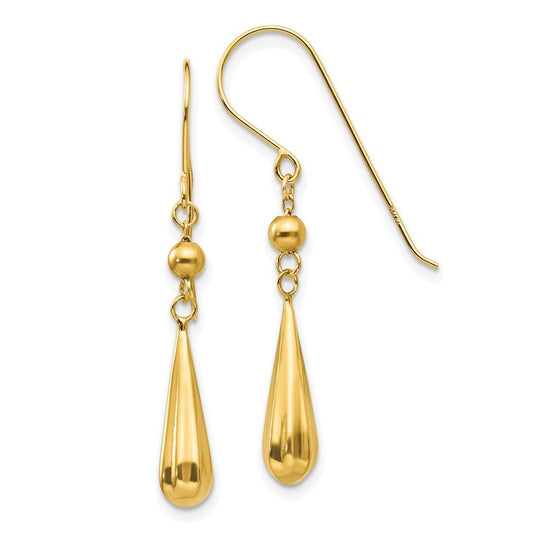 14k Yellow Gold Grooved Puffed Teardrop Drop Dangle Earrings w/ Shepherd Hook