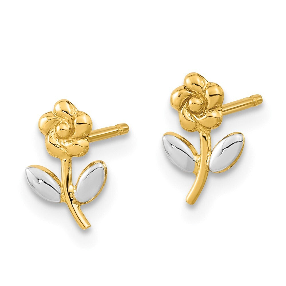 14k Yellow Gold and Rhodium Flower Stud Earrings Gift for Women