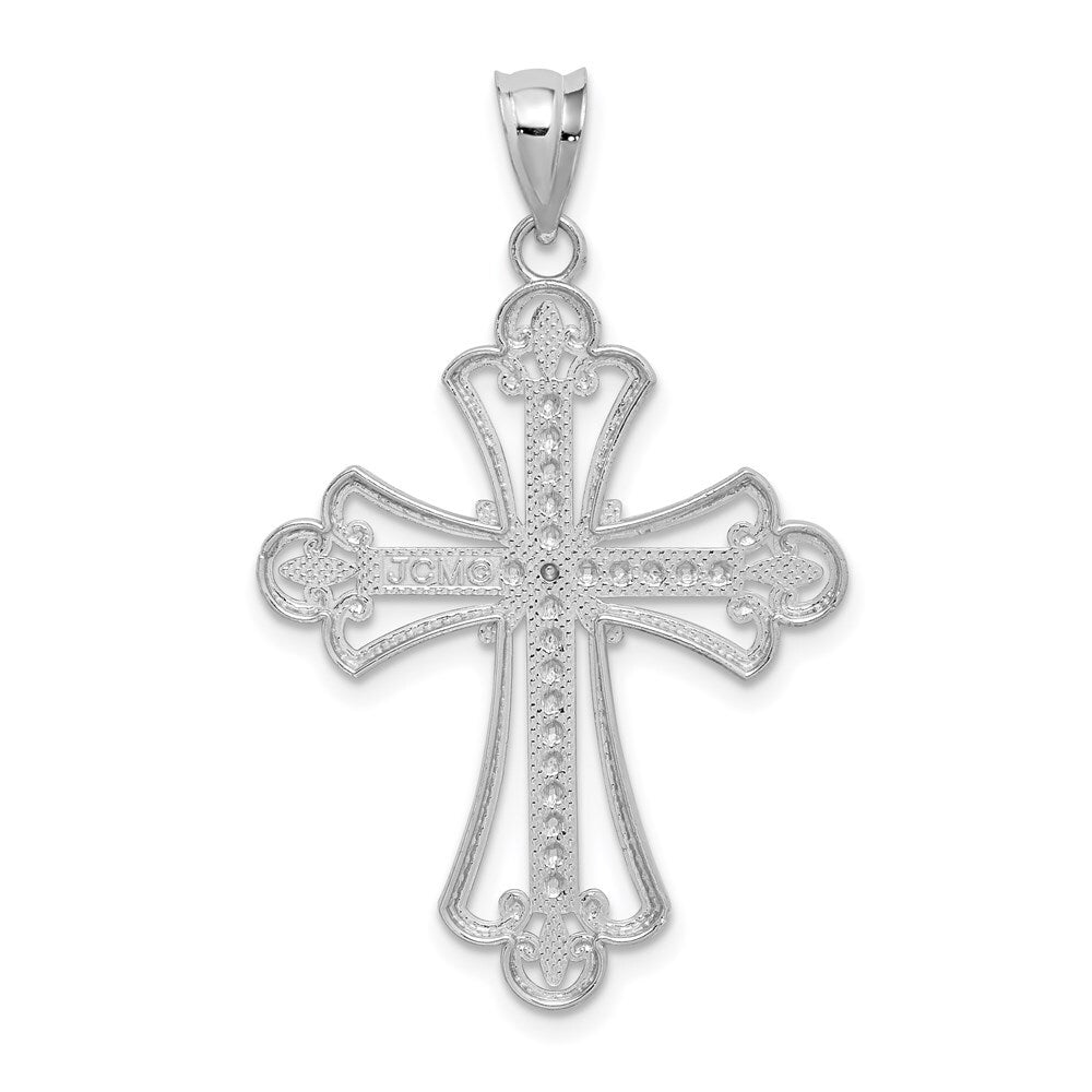 14k White Gold White Polished Diamond-cut Textured Cross Pendant for Women