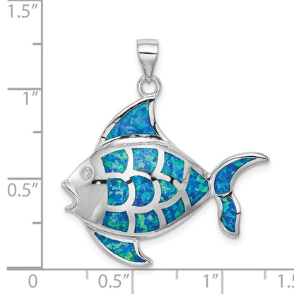Sterling Silver Rhodium-plated Polished Created Blue Opal Fish Pendant