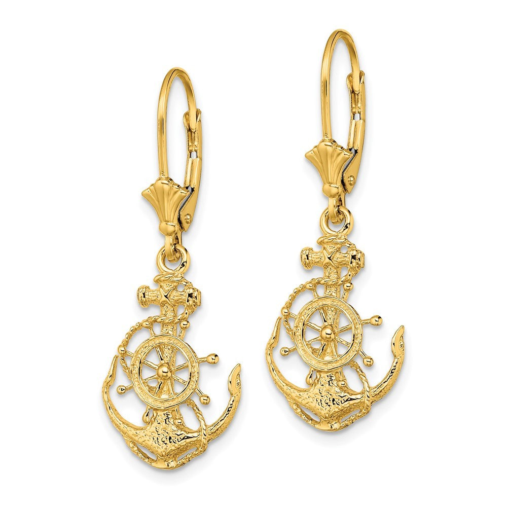 14k Yellow Gold 2-D Anchor and Wheel Drop Dangle Earrings