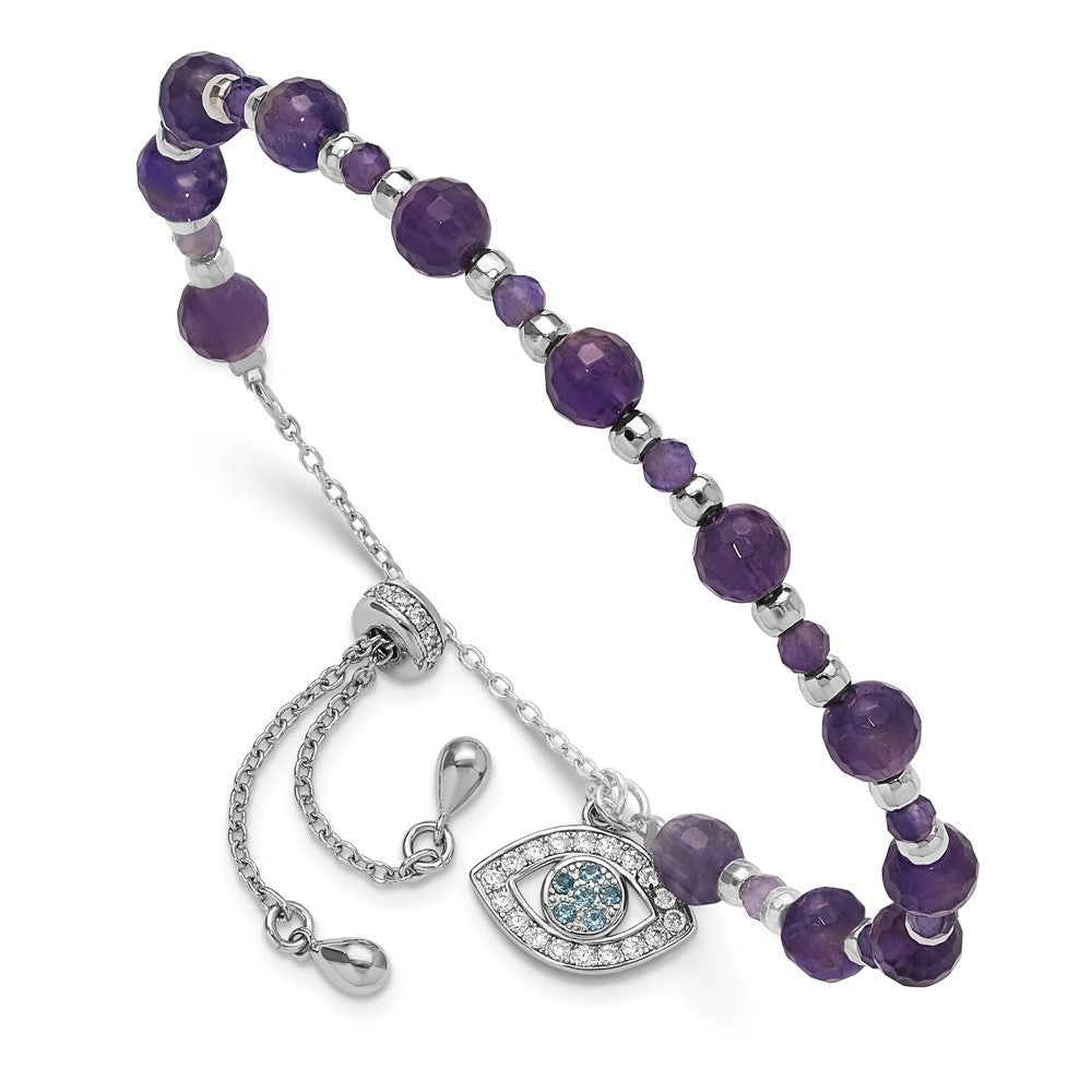 Sterling Silver Rhodium-plated Amethyst & CZ and Blue Glass Adjustable Bracelet