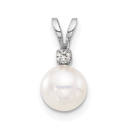 14k White Gold 6-7mm White Round Akoya Pearl &.03 Carat Diamond Pendant