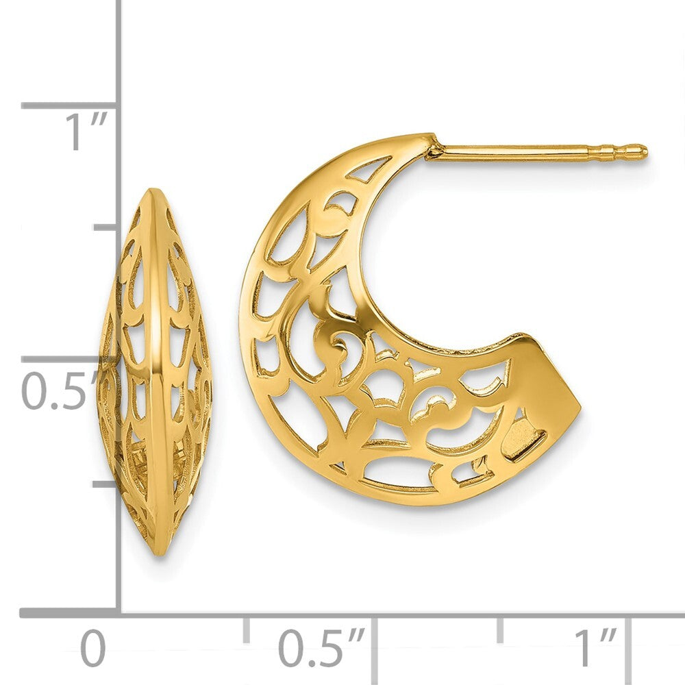 14k Yellow Gold Polished Fancy Cut Out Design J-Hoop Earrings Gift for Women