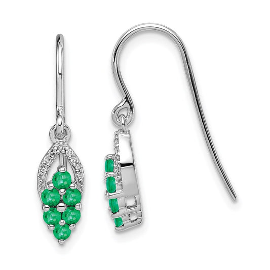 Sterling Silver Rhodium-plated Diamond & Emerald Shepherd Hook Earrings