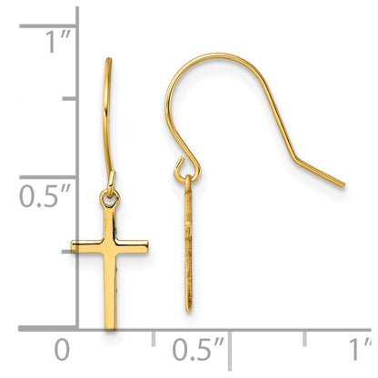 14k Yellow Gold Dangle Cross Drop Dangle Earrings w/ Shepherd Hook