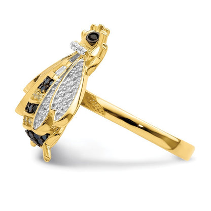 Sterling Silver Blk/White RH-plated Gold Tone CZ Bumblebee Ring Size 7