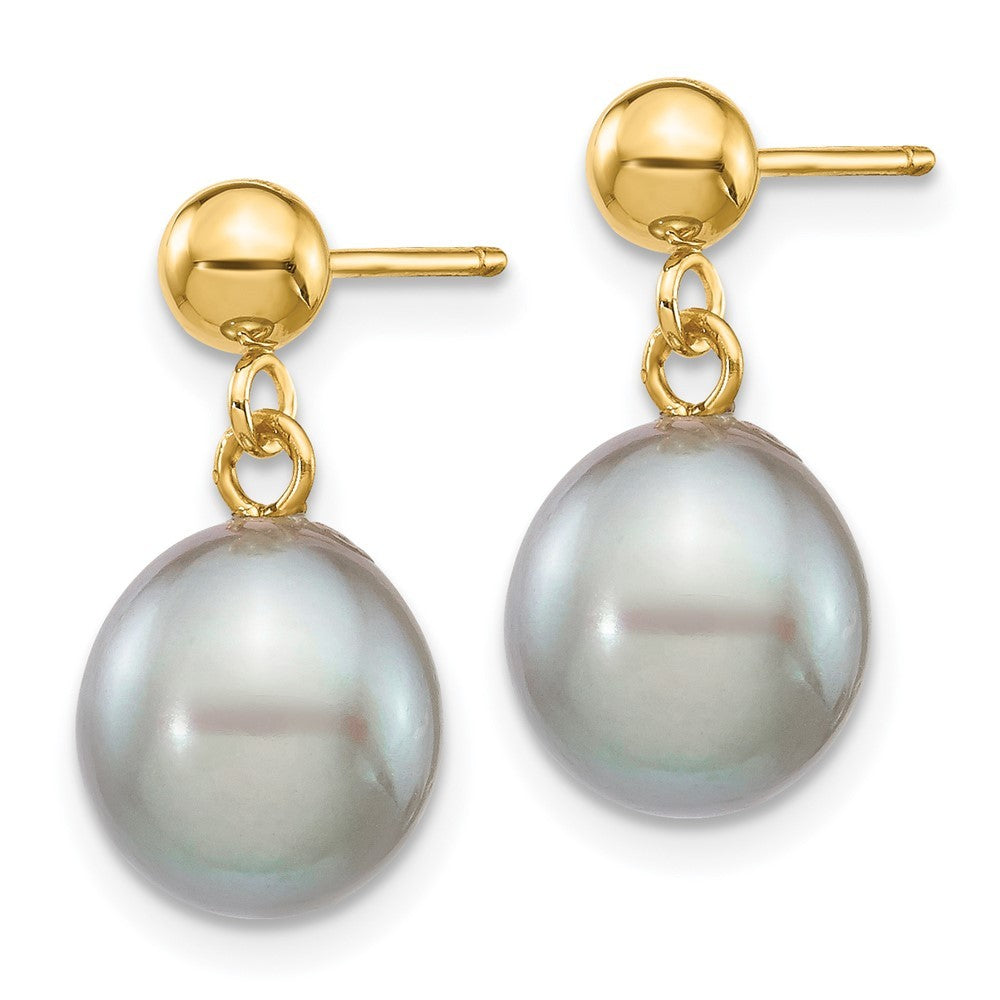 14k Yellow Gold 8-9mm Grey Rice Freshwater Cultured Pearl Dangle Earrings