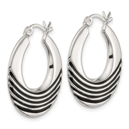 Sterling Silver Polished with Black Enamel Round Hoop Earrings