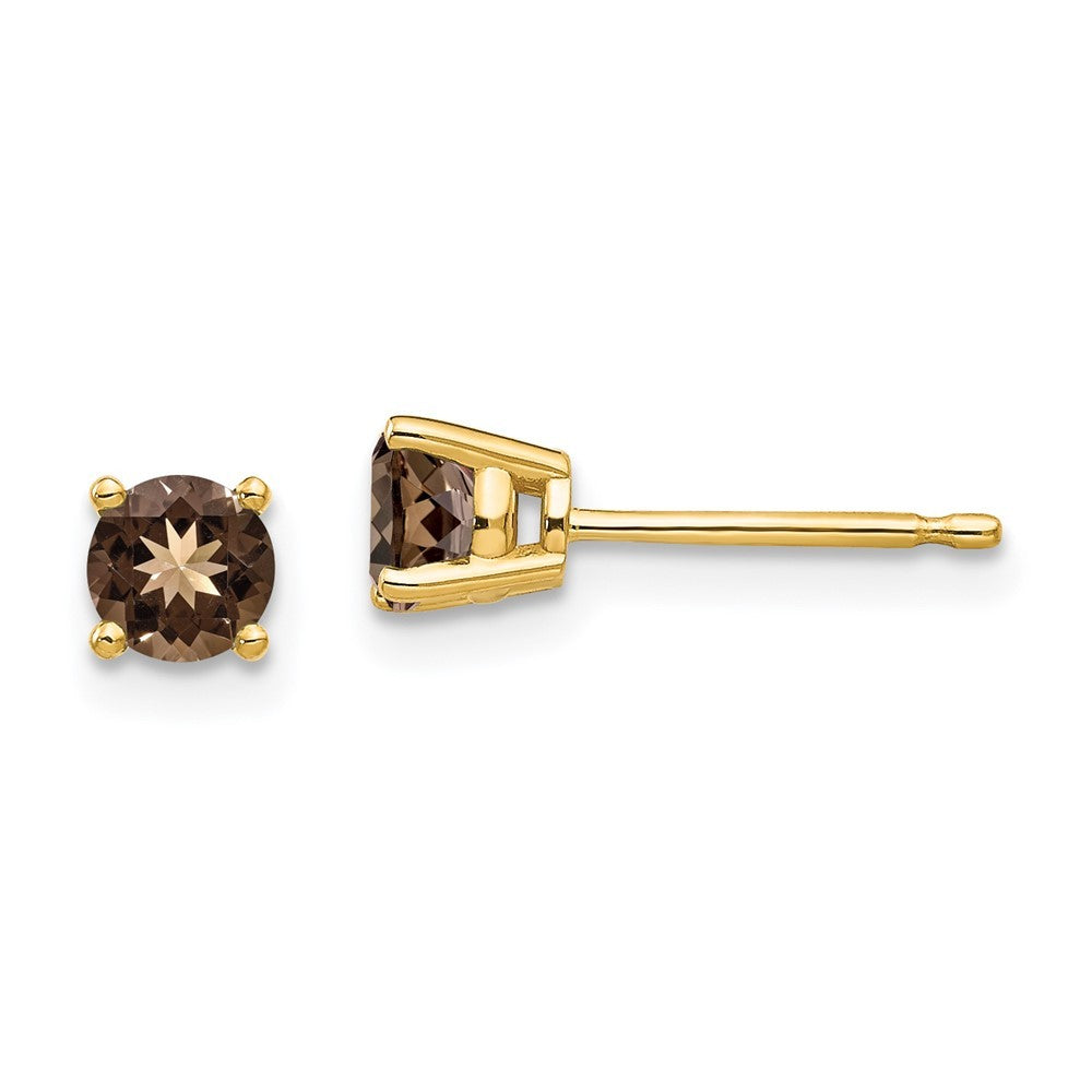 14k Yellow Gold 4mm Round Smoky Quartz Earrings