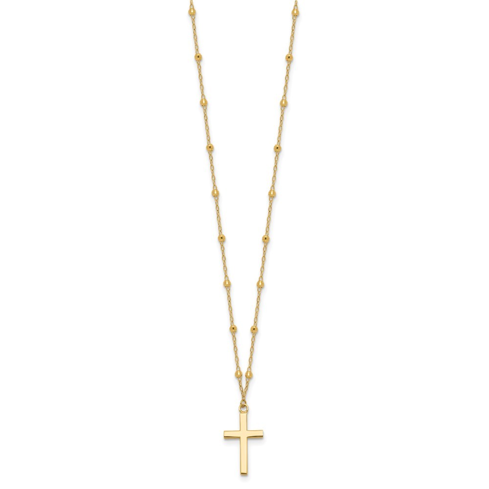 14k Yellow Gold Mirror Beaded Cross Pendant Necklace 16.25" Plus 2" Extender