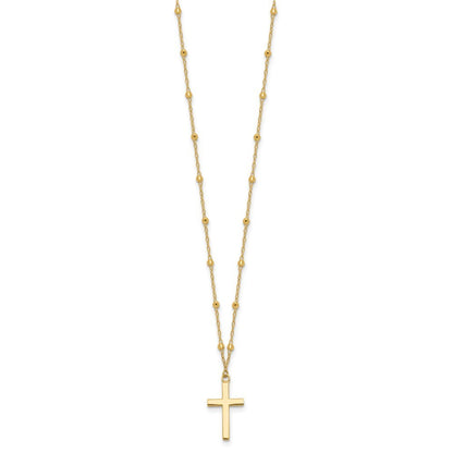 14k Yellow Gold Mirror Beaded Cross Pendant Necklace 16.25" Plus 2" Extender