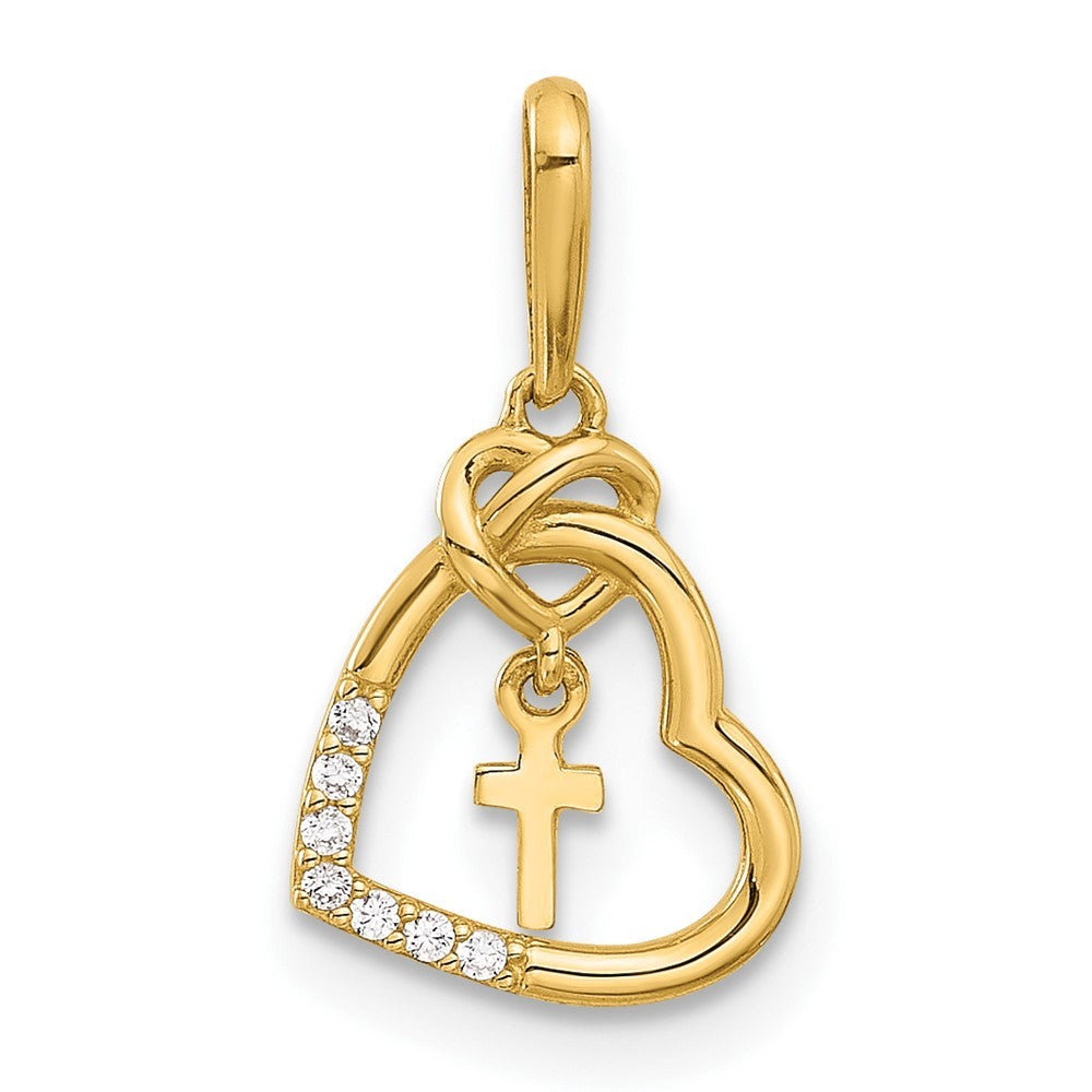 14k Yellow Gold Polished CZ Heart with Cross Dangle Pendant