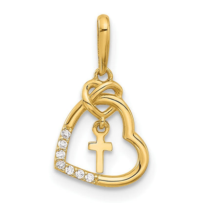 14k Yellow Gold Polished CZ Heart with Cross Dangle Pendant