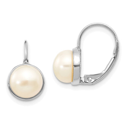 14k White Gold 6-7mm White Button Freshwater Cultured Pearl Leverback Earrings