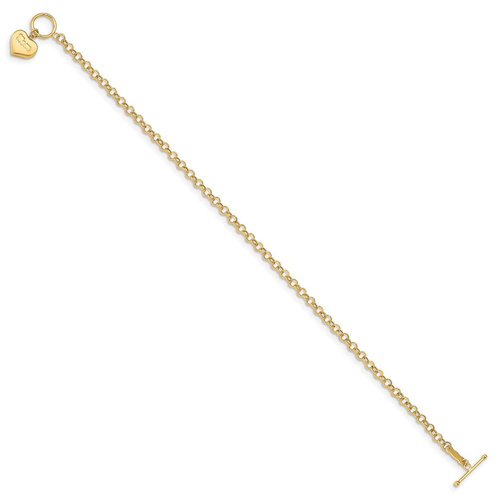 14k Yellow Gold Puffed MOM Heart Dangle 7.5 inch Toggle Bracelet