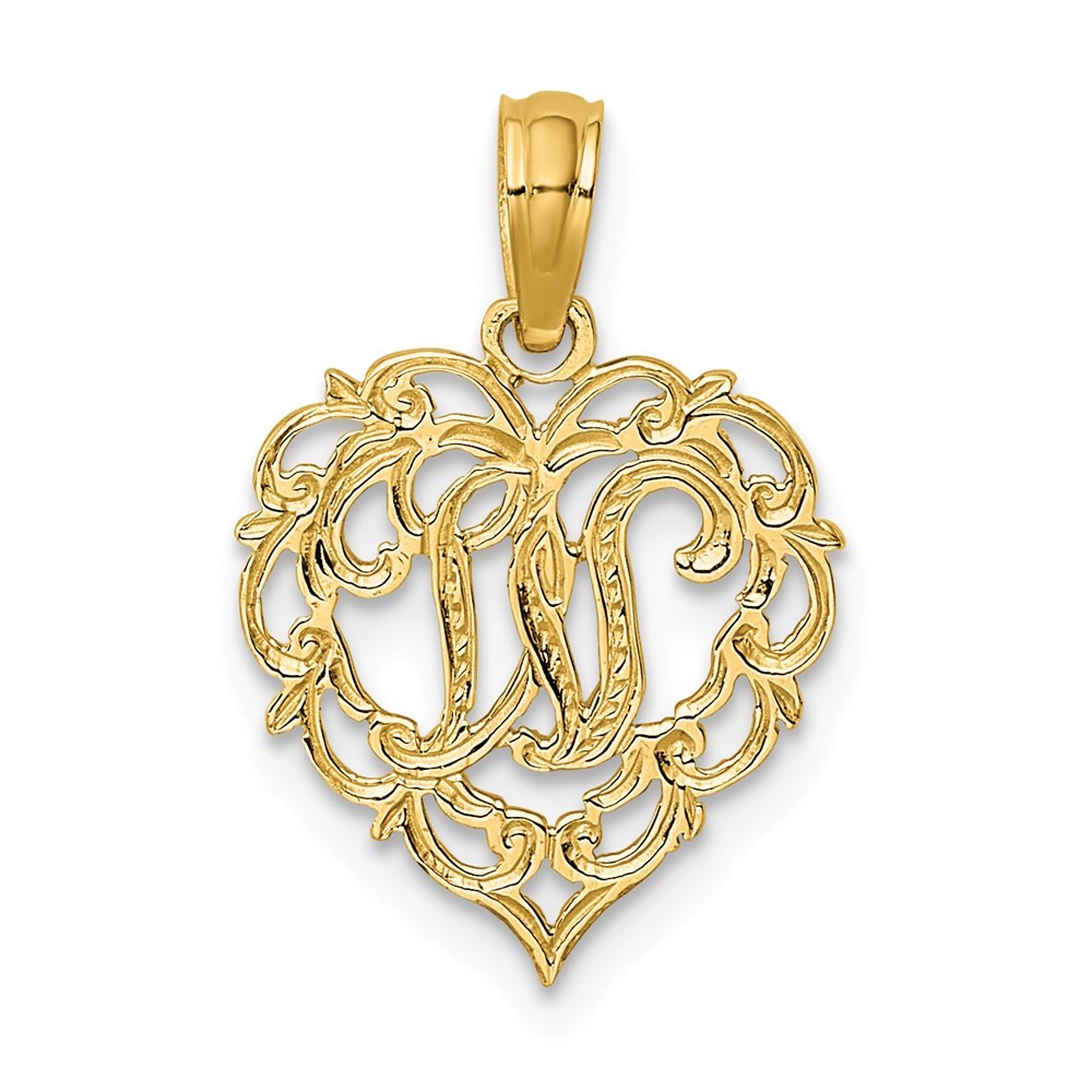14k Yellow Gold Heart Script Letter W Initial Charm