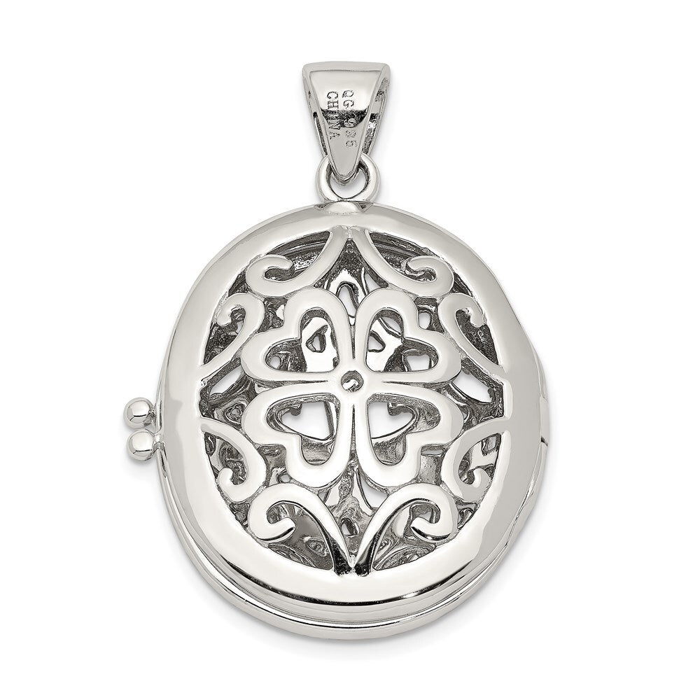 Sterling Silver Rhodium-plated Cubic Zirconia Fancy Filigree Oval 22mm Locket