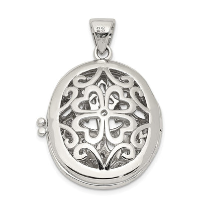 Sterling Silver Rhodium-plated Cubic Zirconia Fancy Filigree Oval 22mm Locket