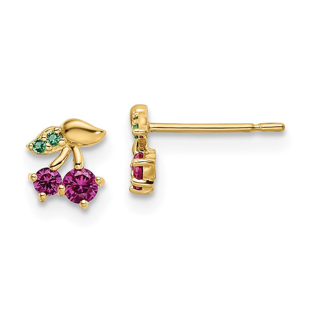 14k Yellow Gold Red Cubic Zirconia & Green Glass Cherry Stud Earrings