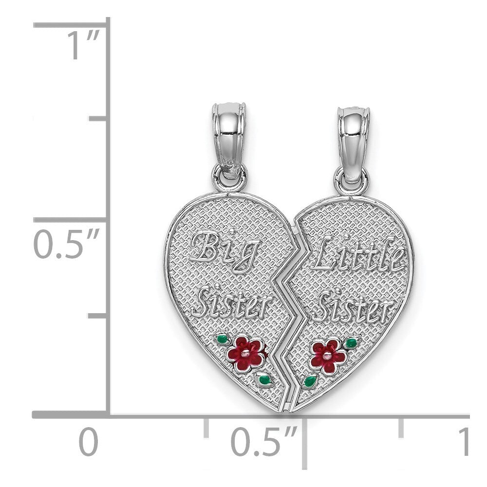 14k White Gold Enamel BIG-LITTLE SISTER Break Apart Heart Charm Pendant