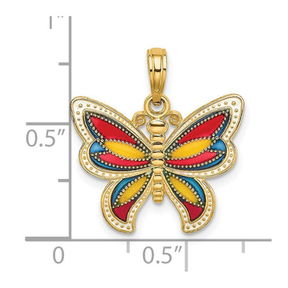 14k Yellow Gold Multi-Color Enameled Beaded Wings Butterfly Charm Pendant