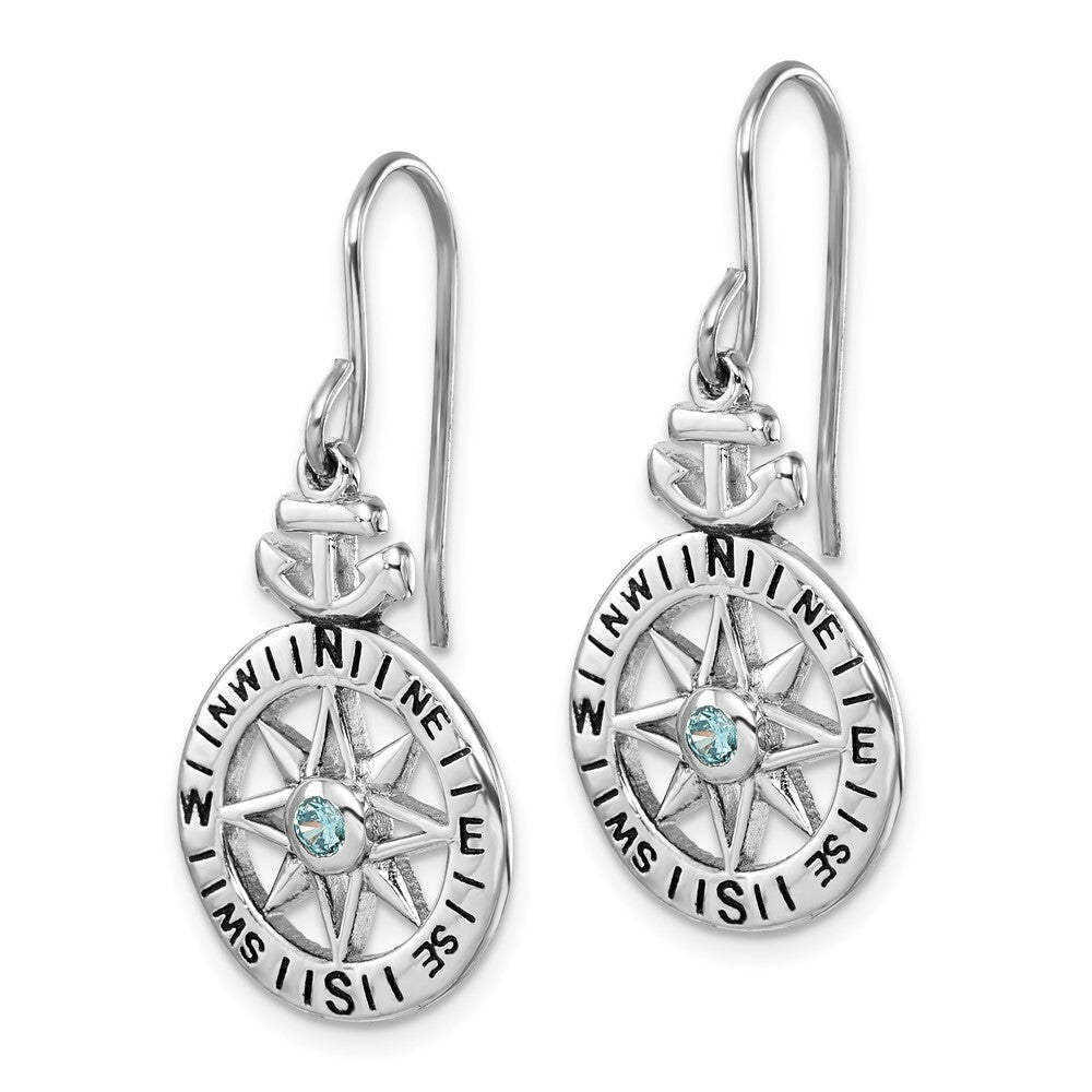 Sterling Silver Rhodium-Plated Polished Cubic Zirconia Compass Dangle Earrings