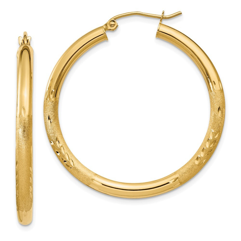 14k Yellow Gold Satin and Diamond-cut 3mm Round Hoop Earrings