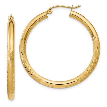 14k Yellow Gold Satin and Diamond-cut 3mm Round Hoop Earrings