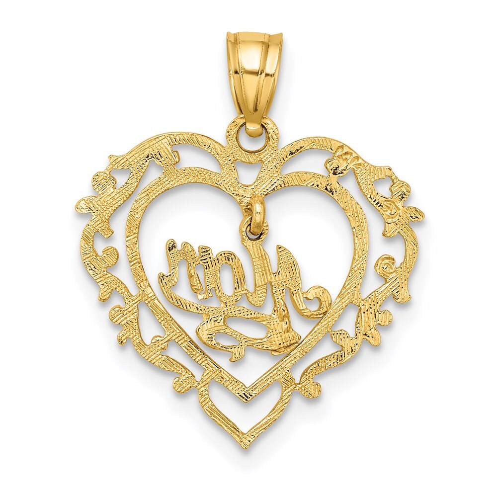 14k Yellow Gold Polished MOM Dangle in Fancy Heart Pendant for Women