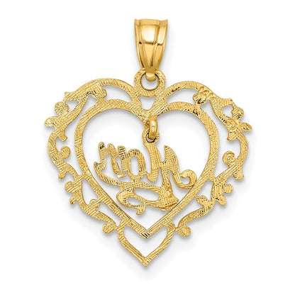 14k Yellow Gold Polished MOM Dangle in Fancy Heart Pendant for Women