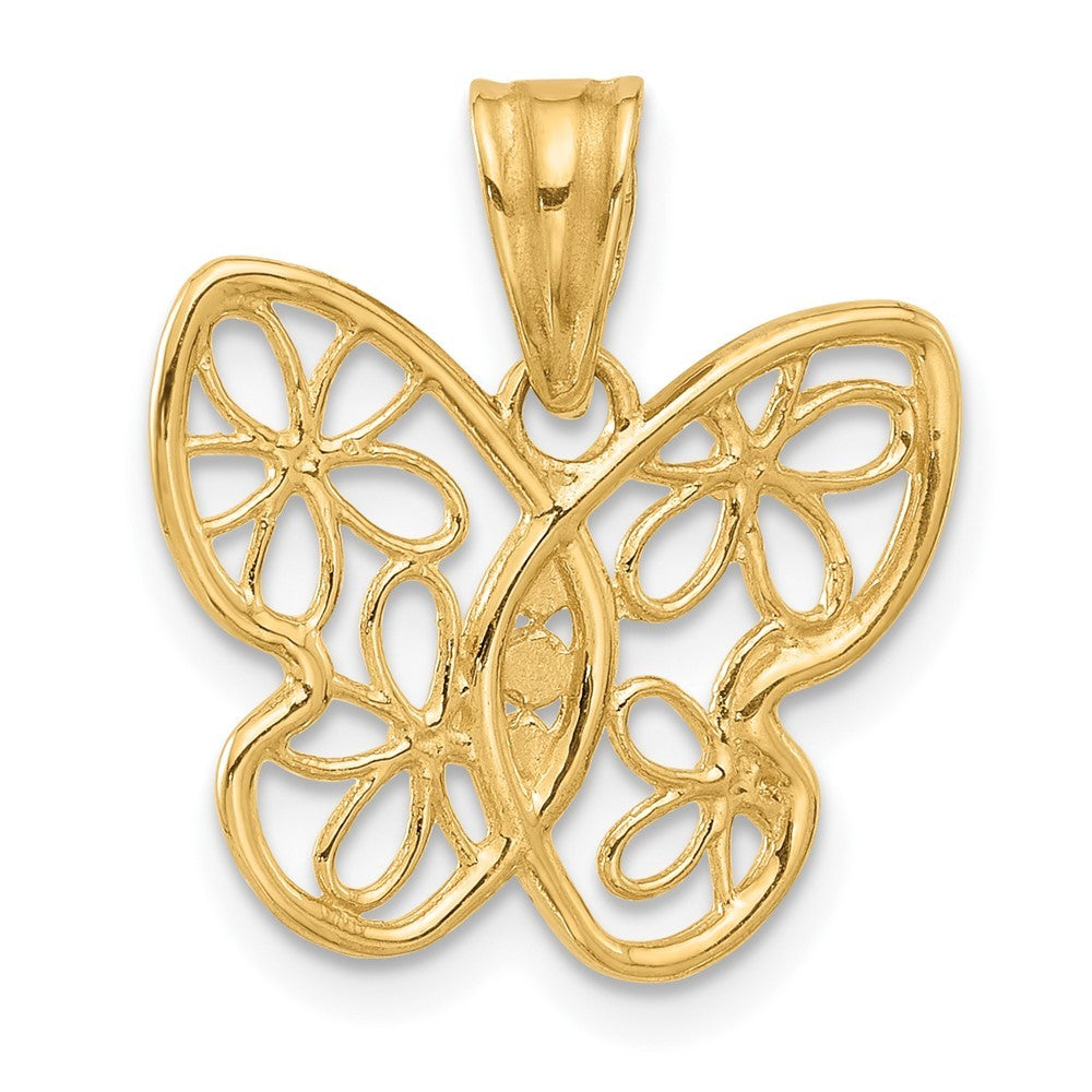 14k Yellow Gold and White Rhodium and Diamond-cut Flower Butterfly Pendant