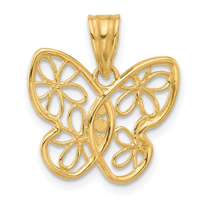 14k Yellow Gold and White Rhodium and Diamond-cut Flower Butterfly Pendant