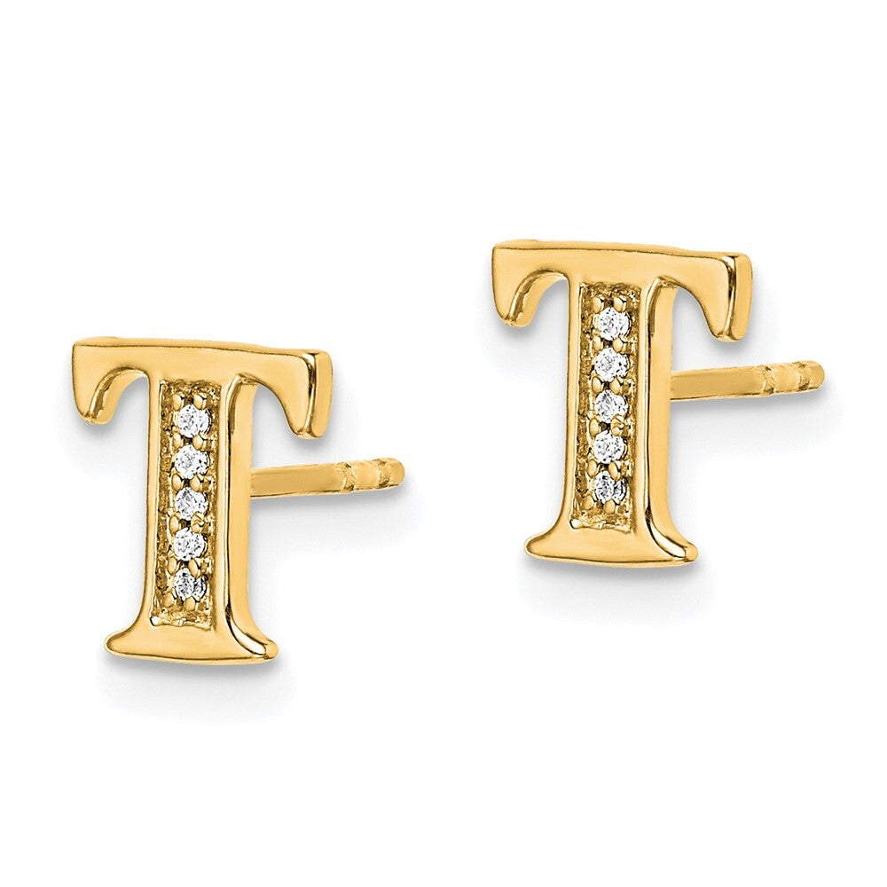 14k Yellow Gold Diamond Initial T Stud Earrings