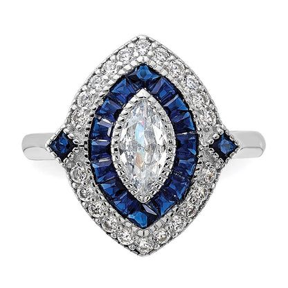 Sterling Silver Rhodium-plated Cubic Zirconia and Blue Spinel Ring SZ 7