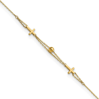 14k Yellow Gold Polished Double Strand Cross and Bead 7.5 inch Bracelet