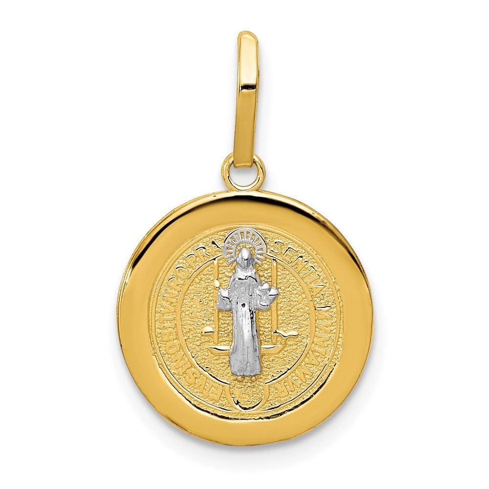 14k Yellow Gold With Rhodium Circle St. Benedict Medal Pendant