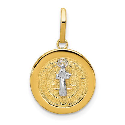 14k Yellow Gold With Rhodium Circle St. Benedict Medal Pendant