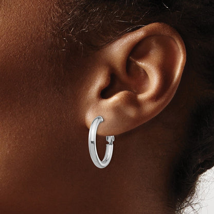 14k White Gold 3x15mm Polished Round Omega Back Hoop Earrings Gift for Women